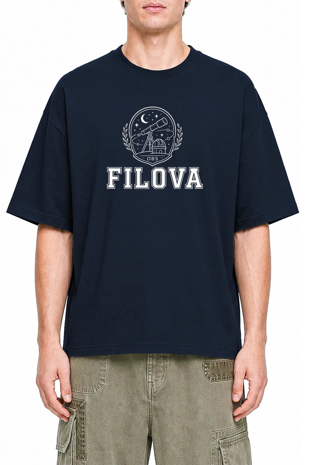 Filova Observatory Club Navy Blue graphic T-shirt on model, front view