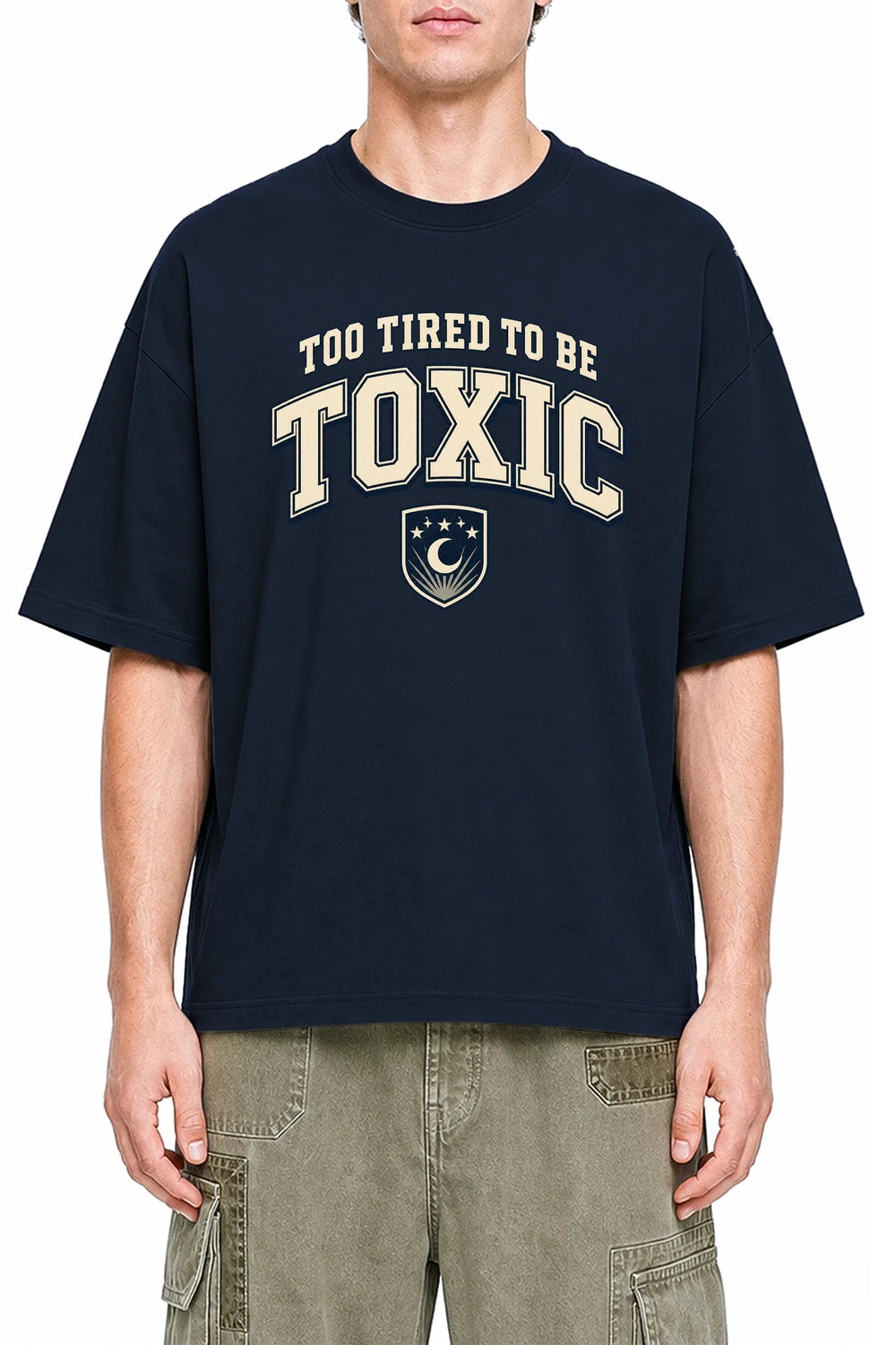 Too Tired To Be Toxic Navy Blue graphic T-shirt on model, front view