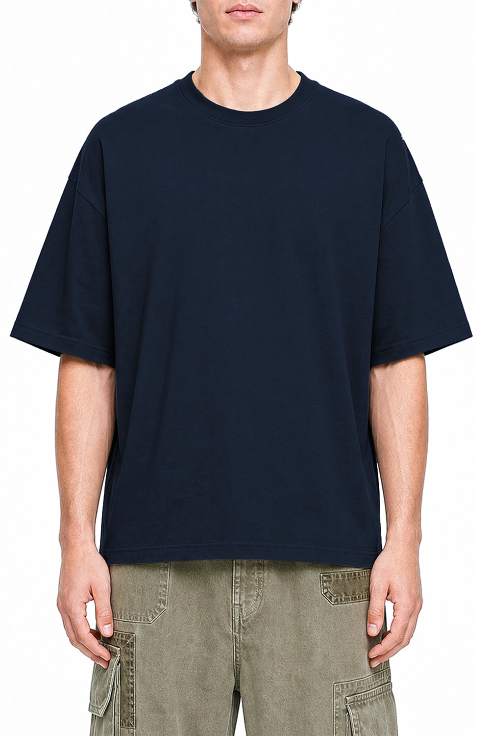 Open Late Book Market Navy Blue graphic T-shirt on model, front view