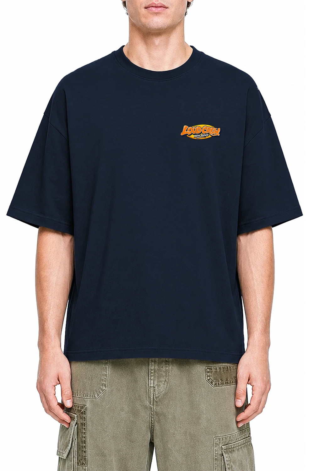 Loud Crew Navy Blue graphic T-shirt on model, front view