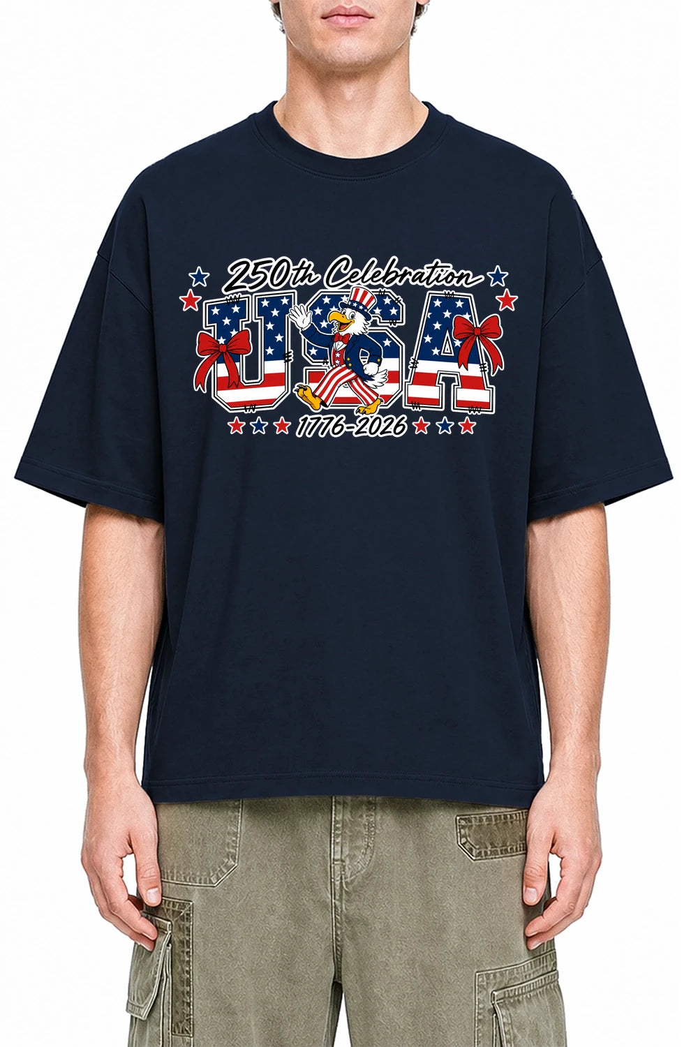 Patriot Parade USA Navy Blue graphic T-shirt on model, front view