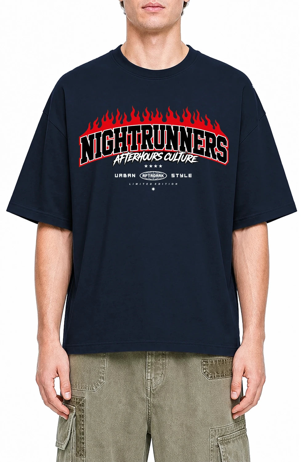 Nightrunners Navy Blue graphic T-shirt on model, front view