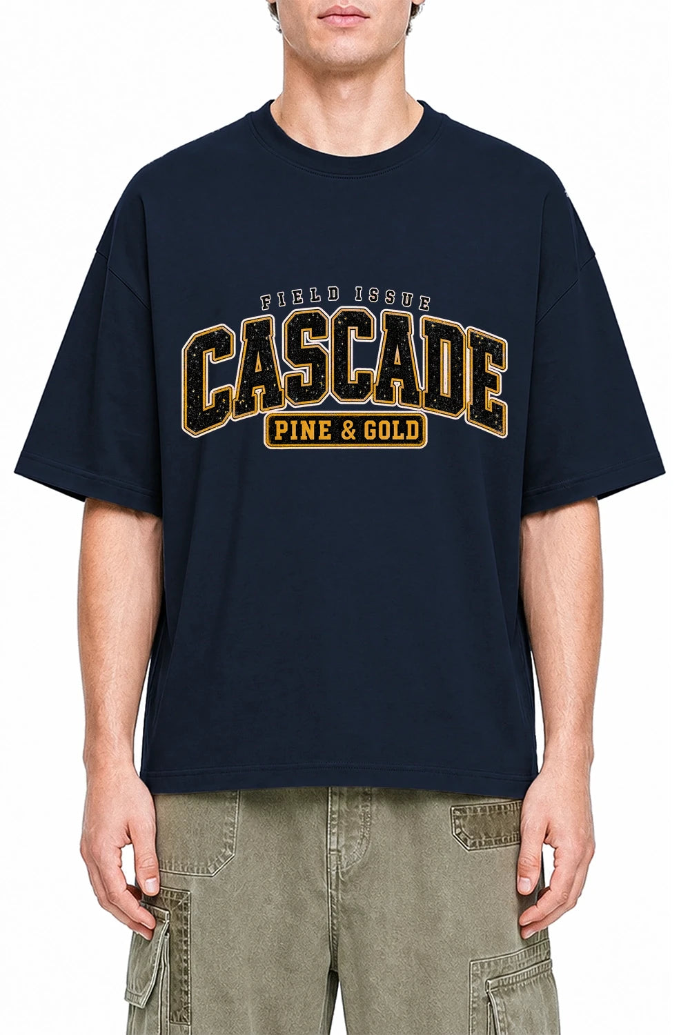 Cascade Pine Gold Navy Blue graphic T-shirt on model, front view