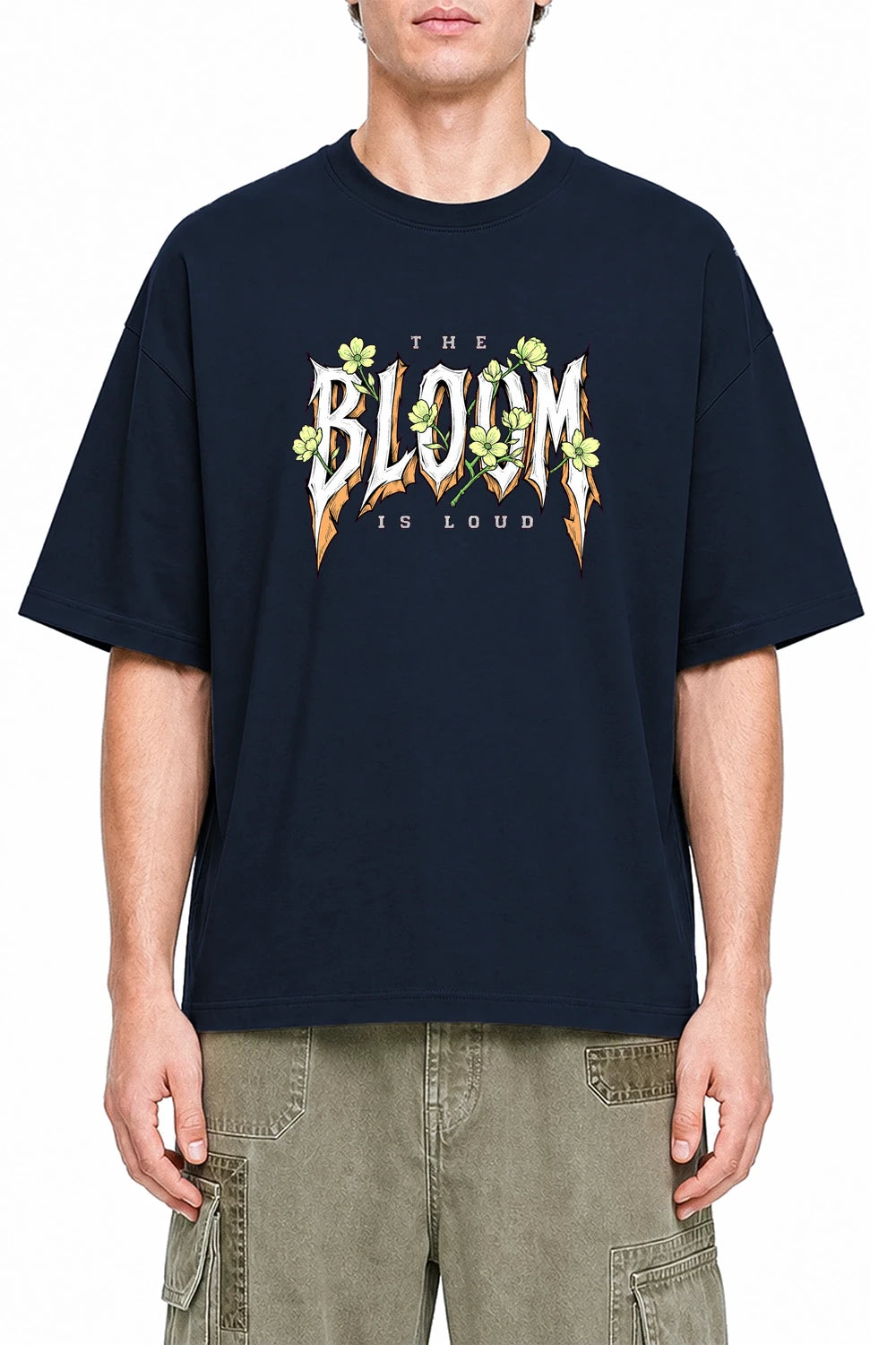 Bloom Is Loud Navy Blue graphic T-shirt on model, front view