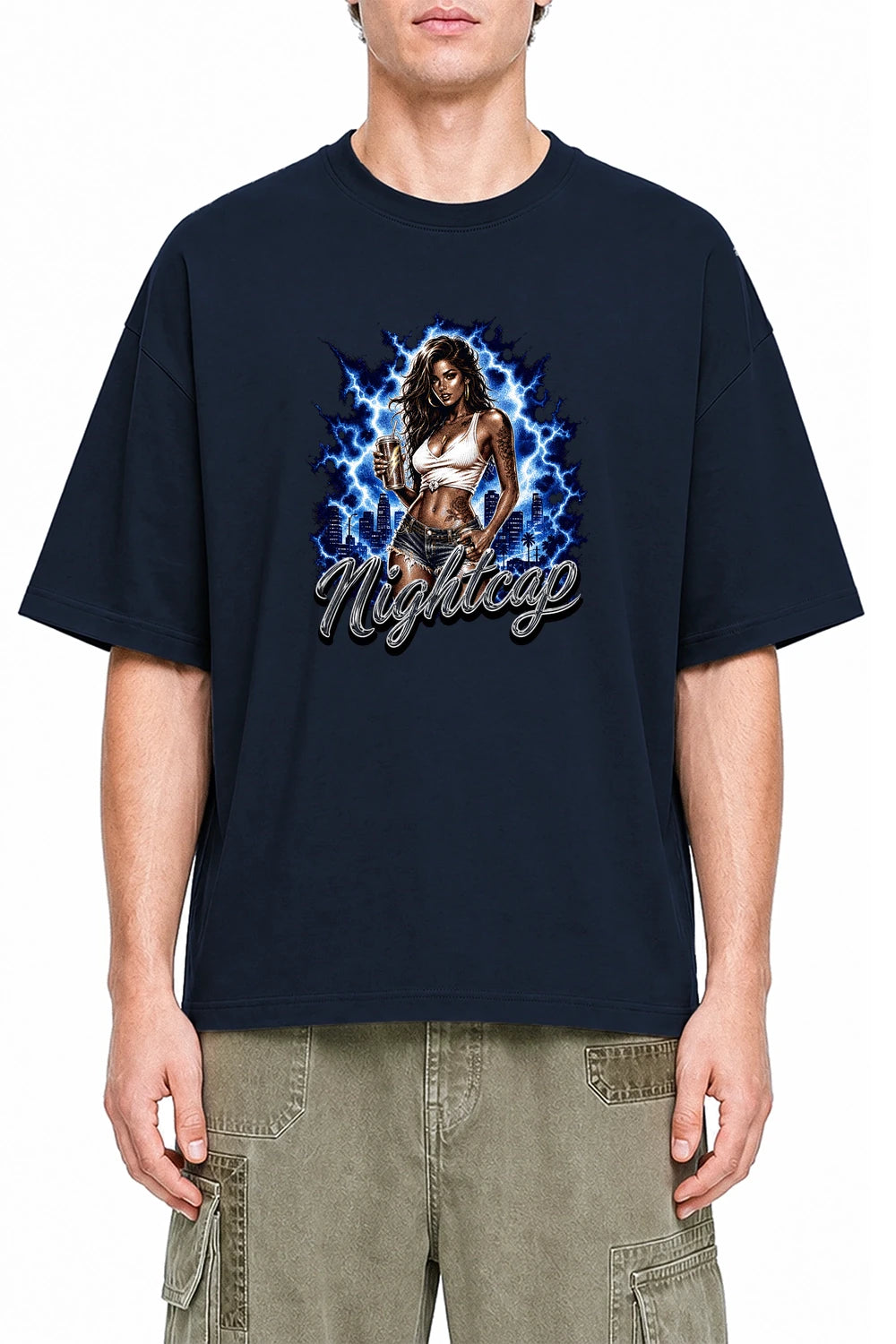 Nightcap Signal Navy Blue graphic T-shirt on model, front view