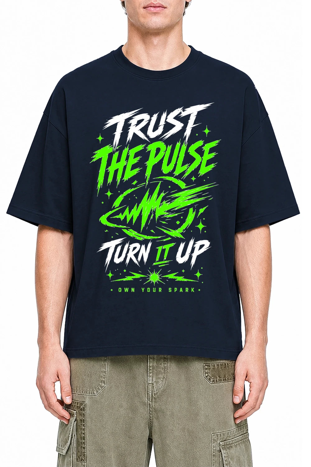 Trust The Pulse Navy Blue graphic T-shirt on model, front view