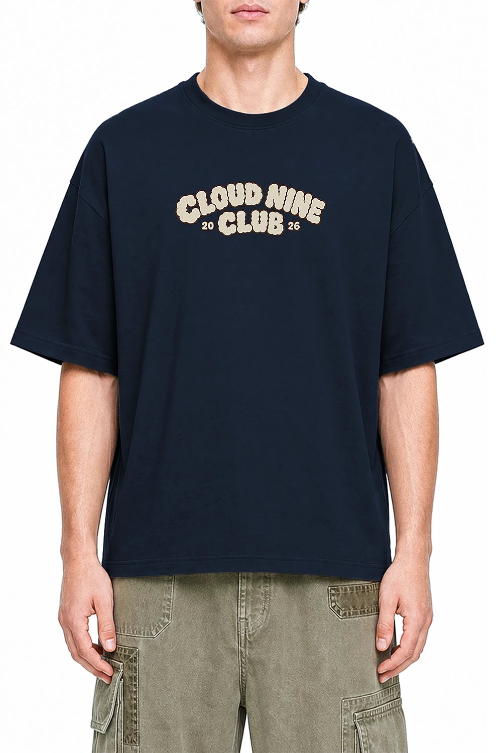 Cloud Nine Club Navy Blue graphic T-shirt on model, front view