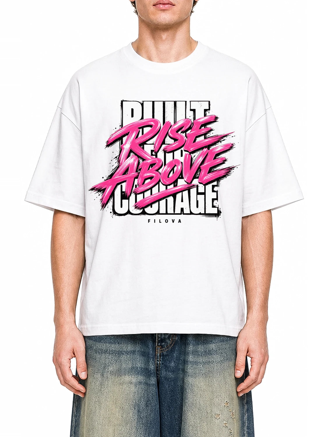 Rise Above Courage White graphic T-shirt on model, front view