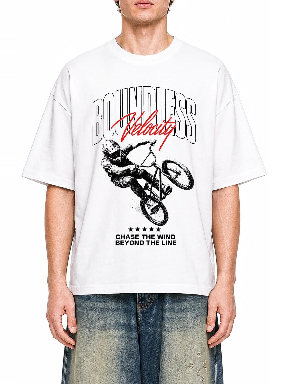 Boundless Velocity White graphic T-shirt on model, front view