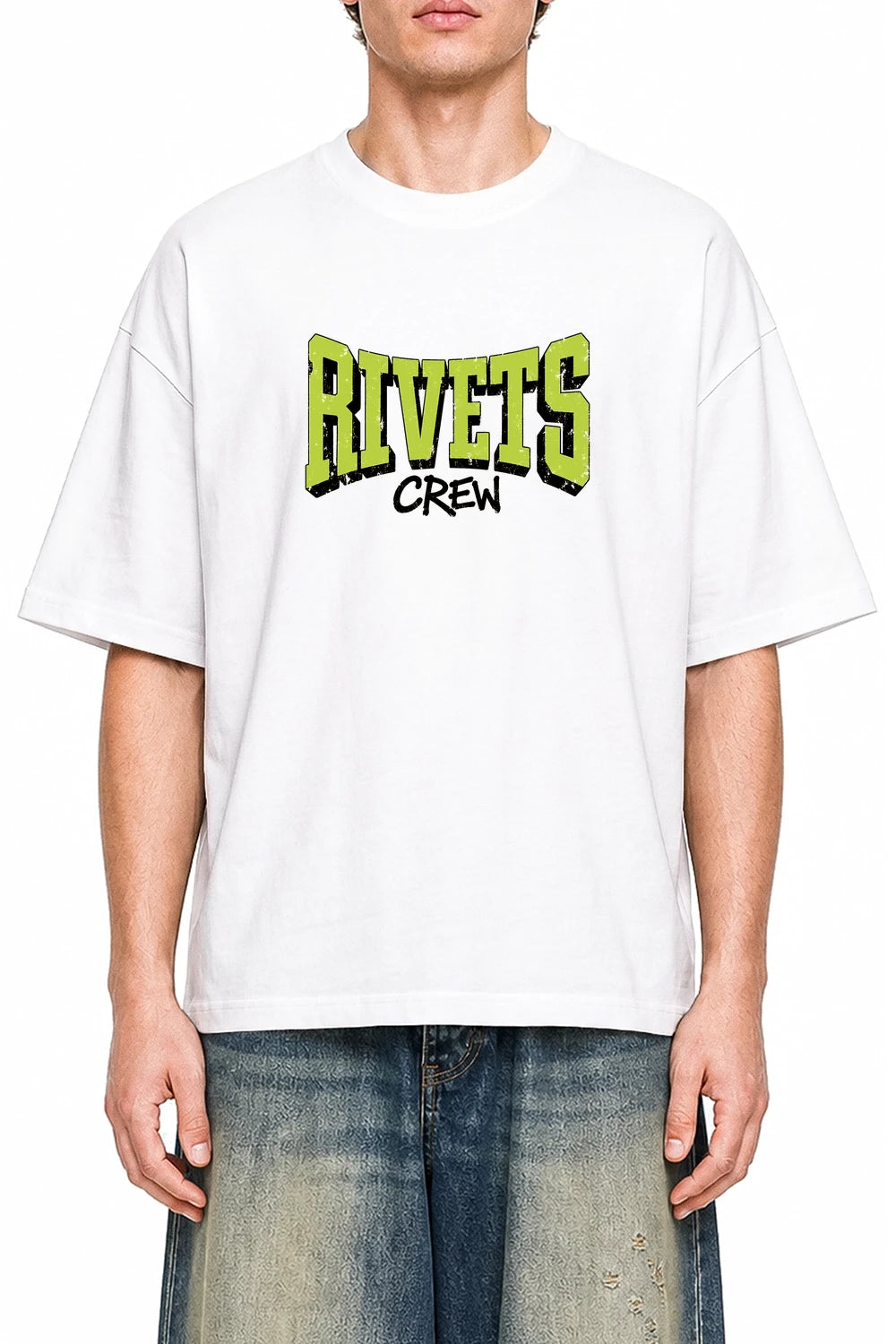 Rivets Crew White graphic T-shirt on model, front view
