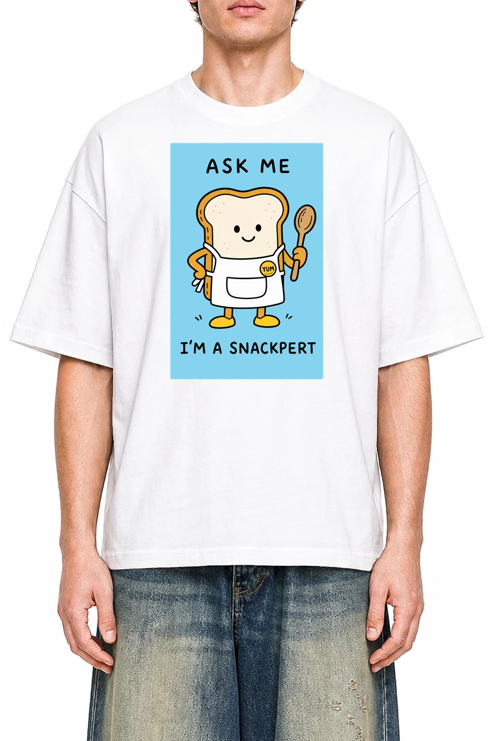 Snackpert White graphic T-shirt on model, front view