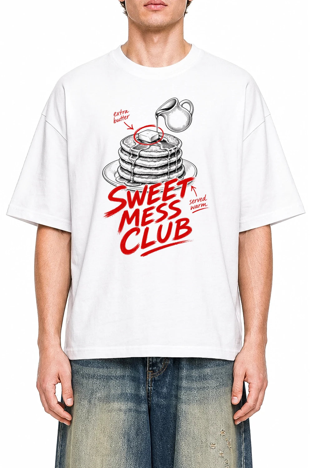 Sweet Mess Club White graphic T-shirt on model, front view