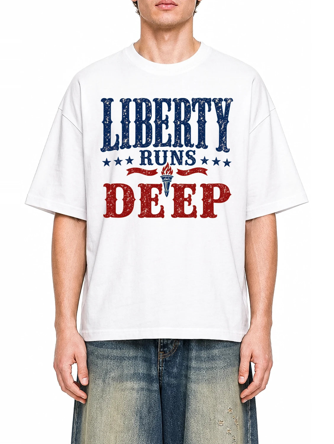 Liberty Runs Deep White graphic T-shirt on model, front view