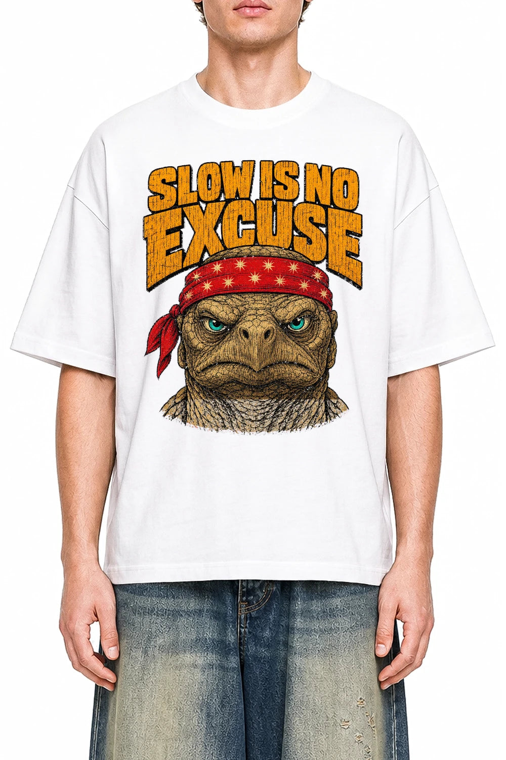 Slow Is No Excuse White graphic T-shirt on model, front view