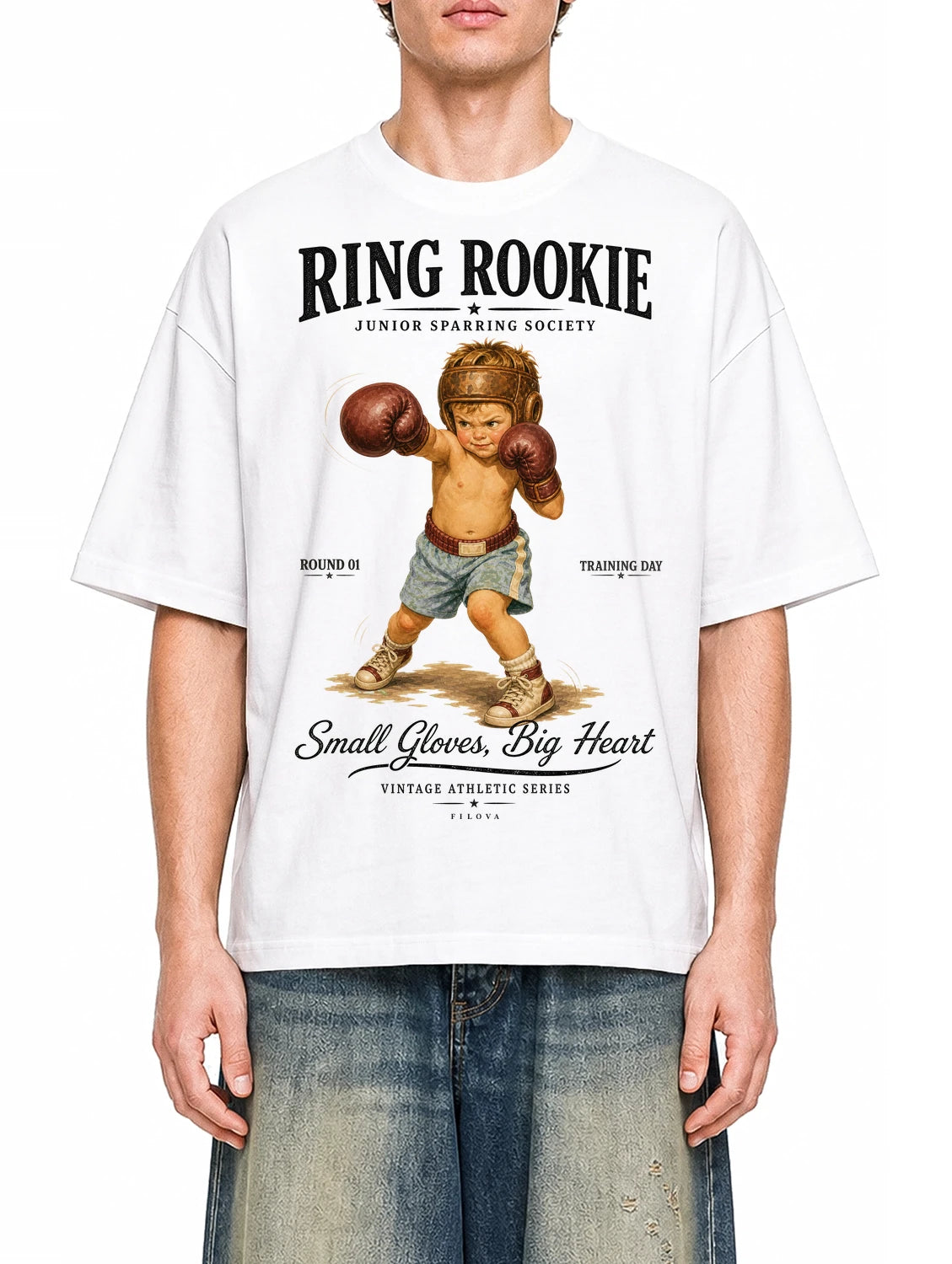 Ring Rookie White graphic T-shirt on model, front view