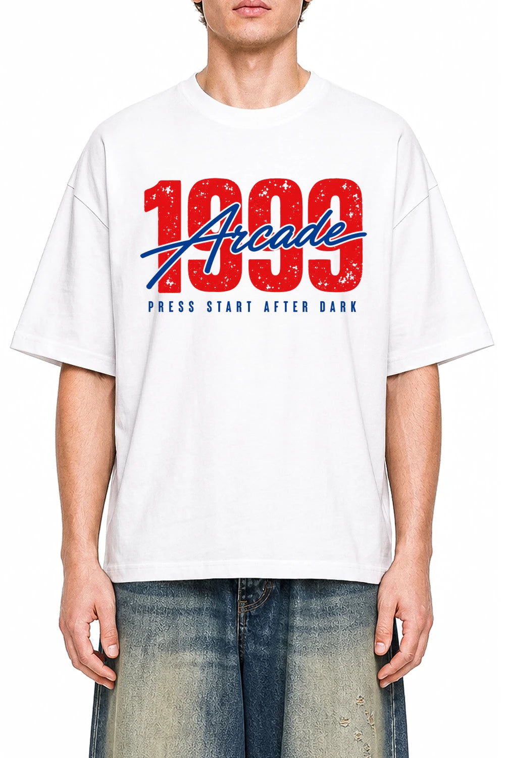 1999 Arcade White graphic T-shirt on model, front view