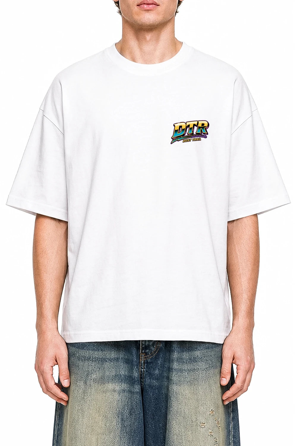 Dust Trail Riders White graphic T-shirt on model, front view
