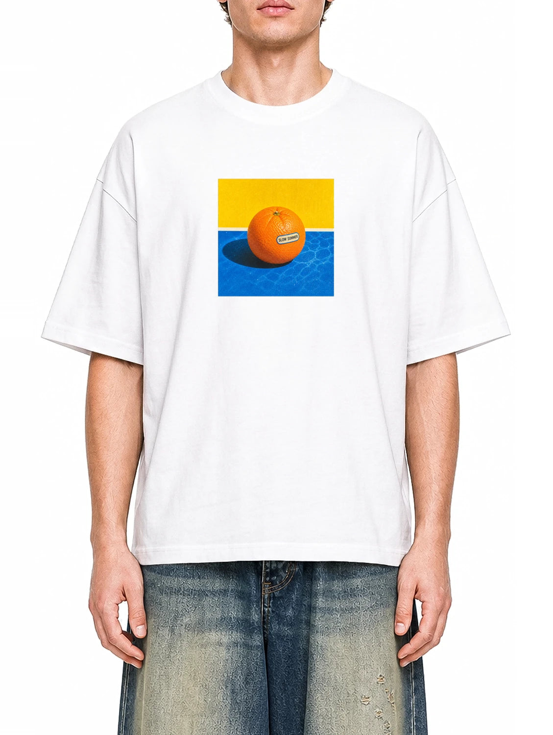 Poolside Orange White graphic T-shirt on model, front view