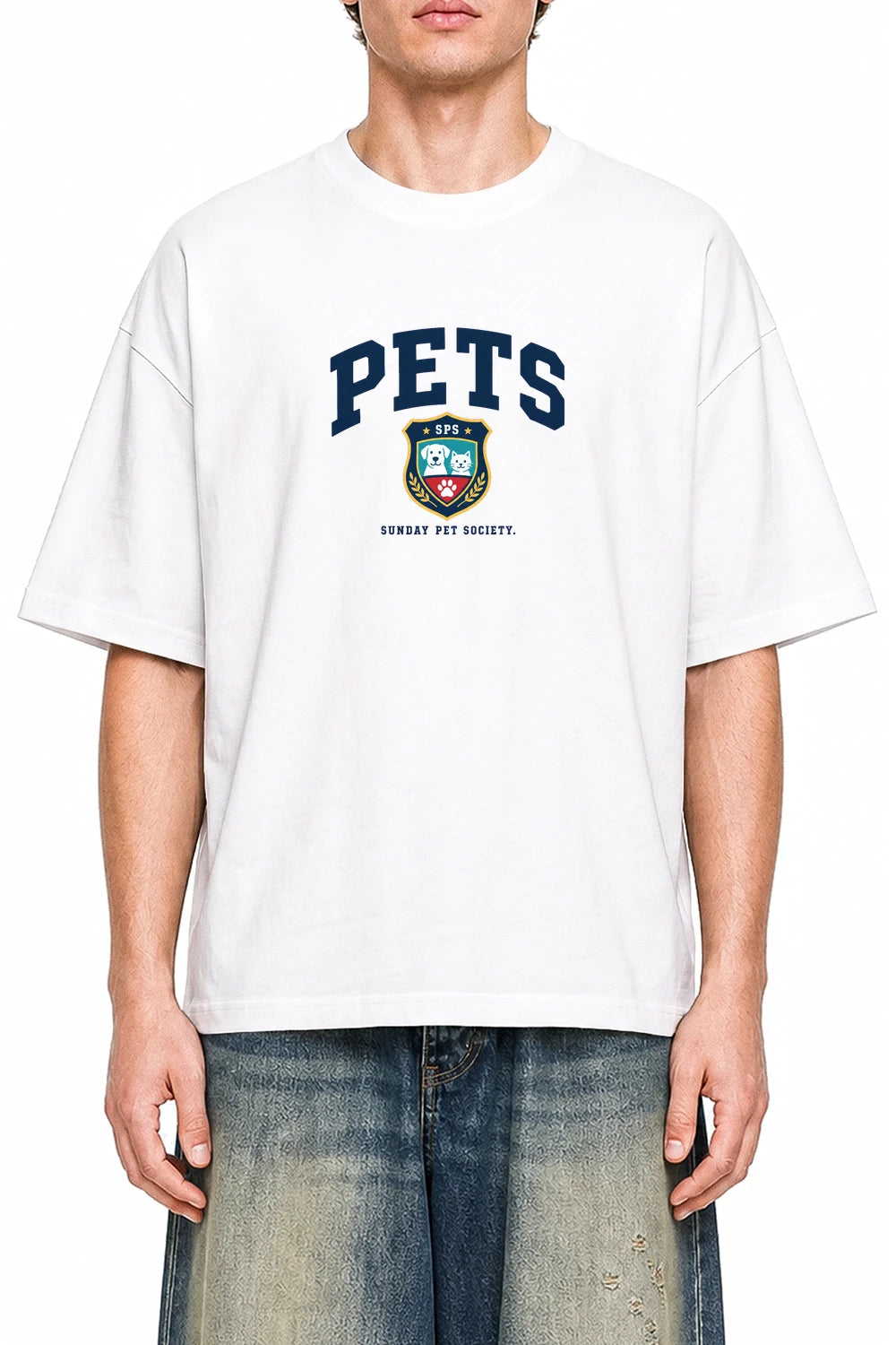 Sunday Pet Society White graphic T-shirt on model, front view