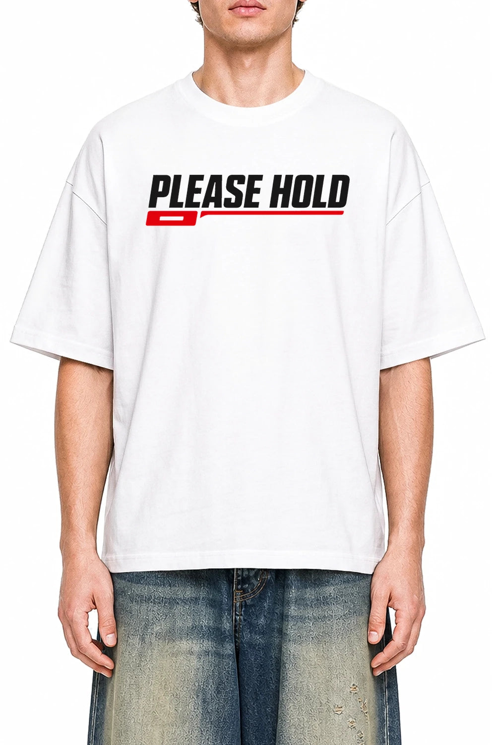 Please Hold White graphic T-shirt on model, front view