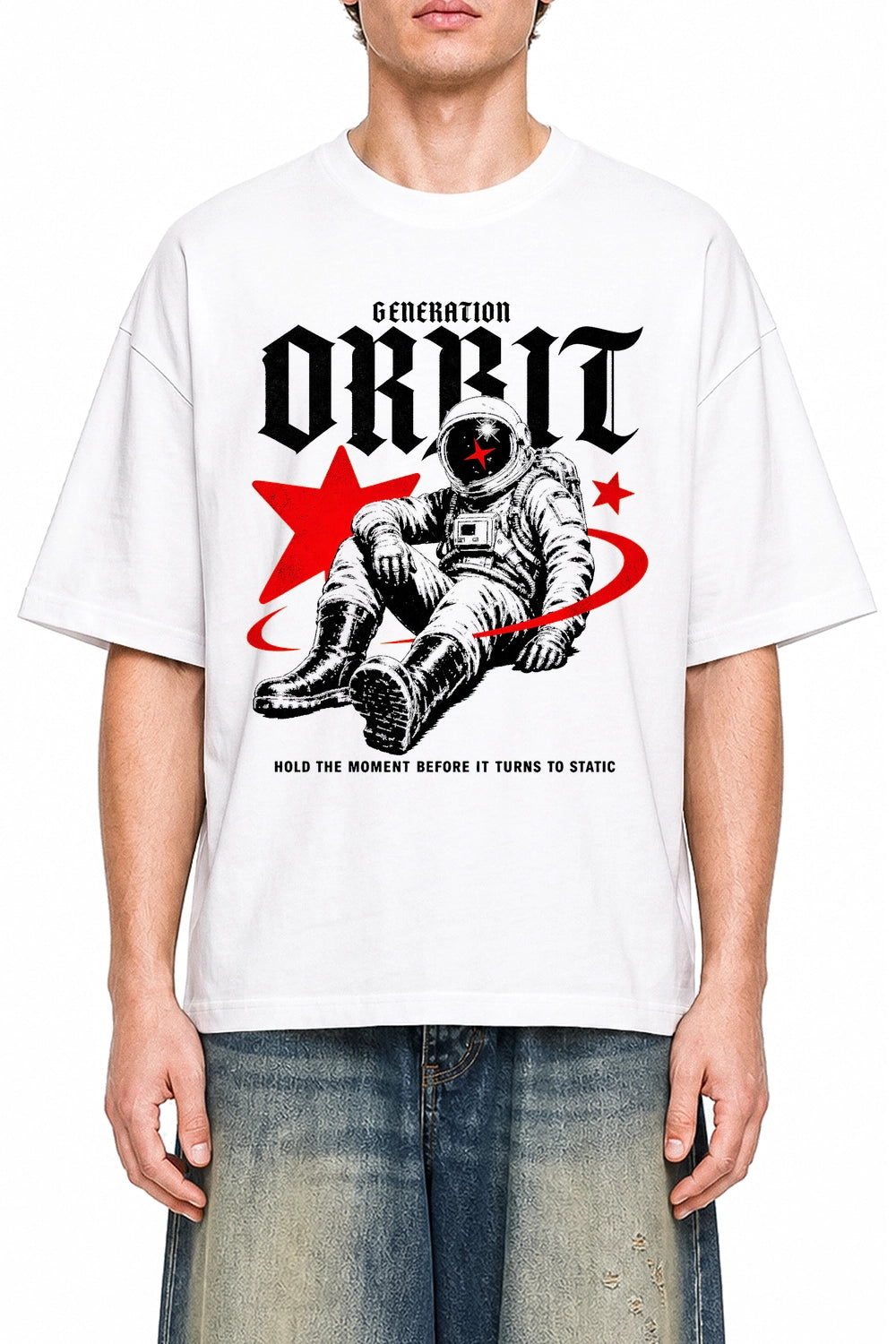 Generation Orbit White graphic T-shirt on model, front view