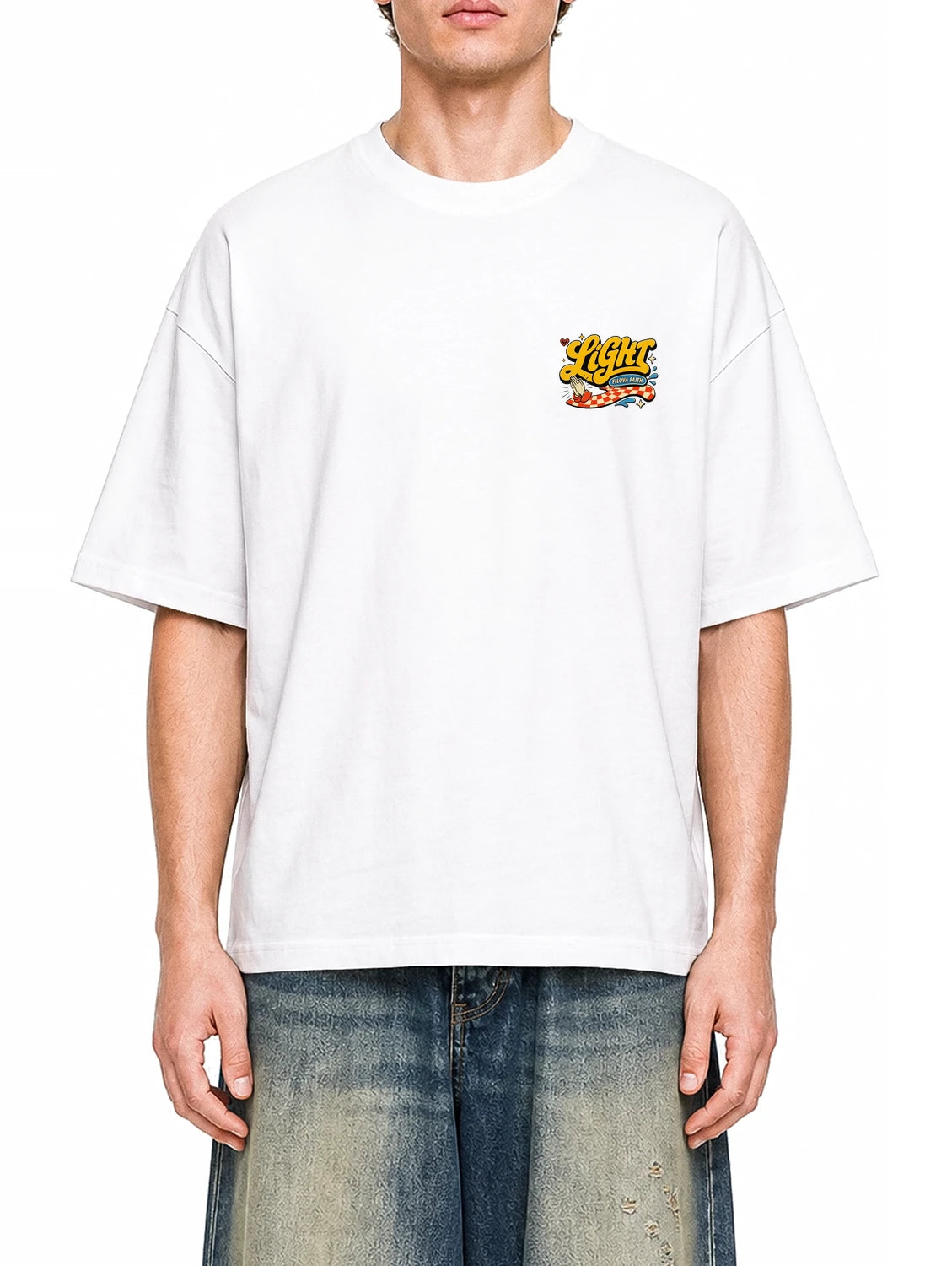 Walk In the Light White graphic T-shirt on model, front view