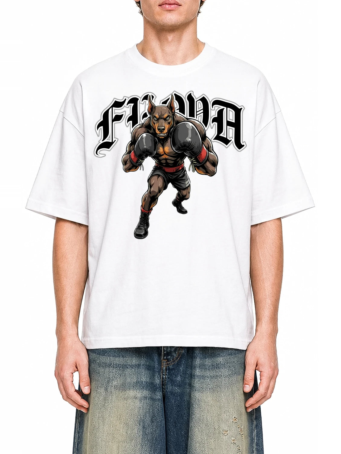Boxing Dog White graphic T-shirt on model, front view