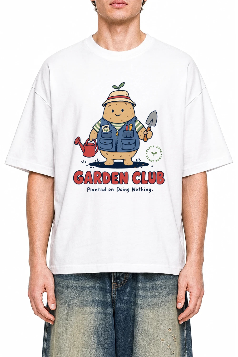 Garden Club White graphic T-shirt on model, front view
