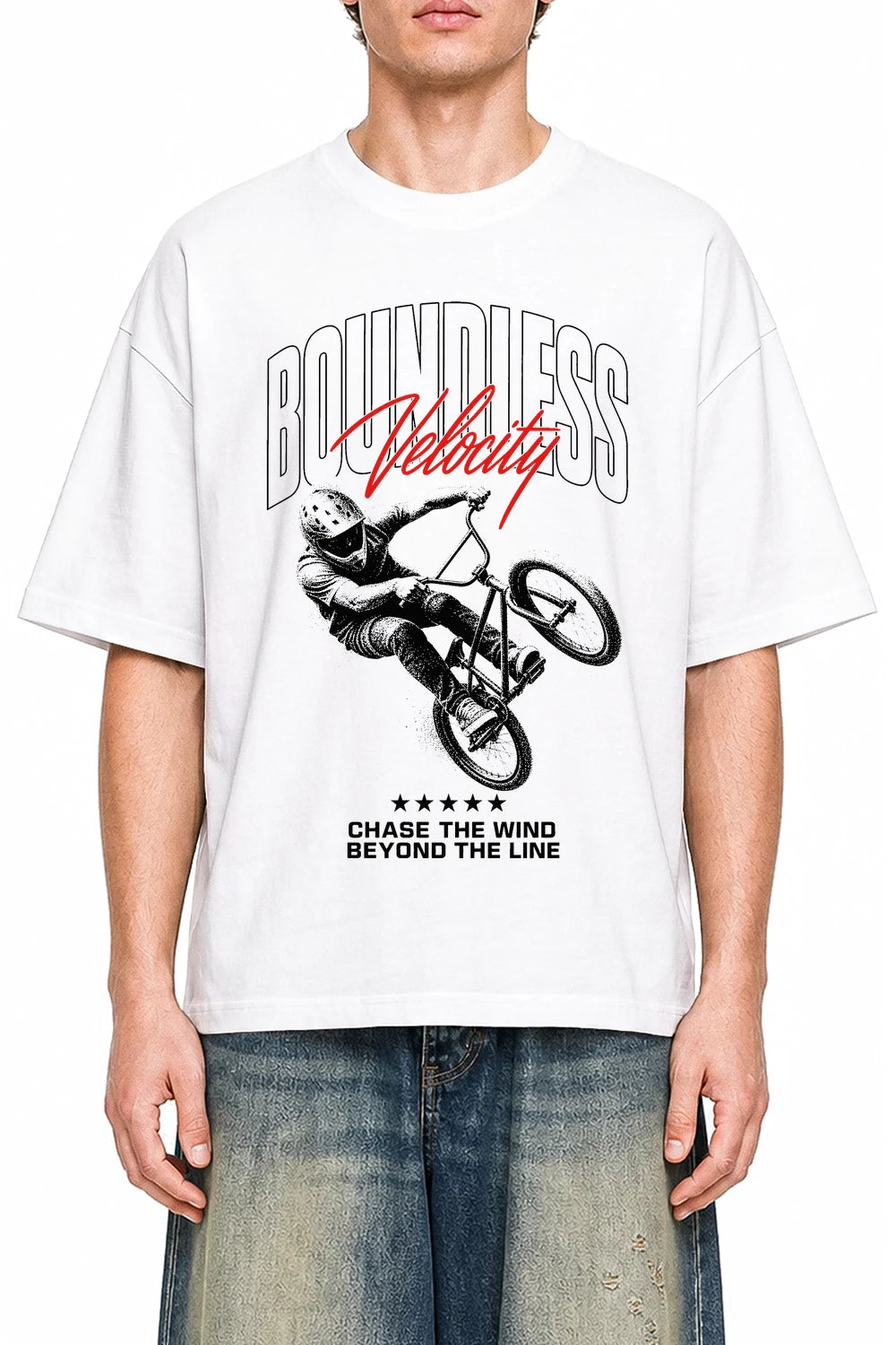 Boundless Velocity White graphic T-shirt on model, front view