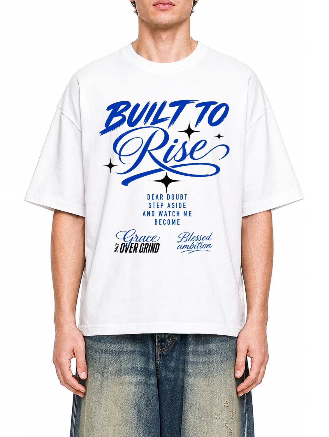 Built To Rise White graphic T-shirt on model, front view
