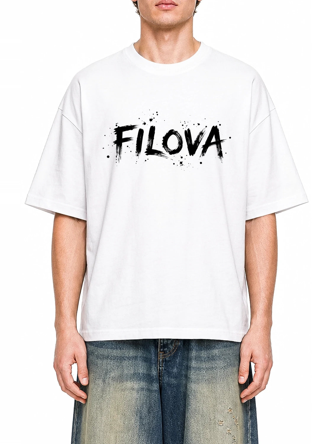 Filova Brush Splatter White graphic T-shirt on model, front view