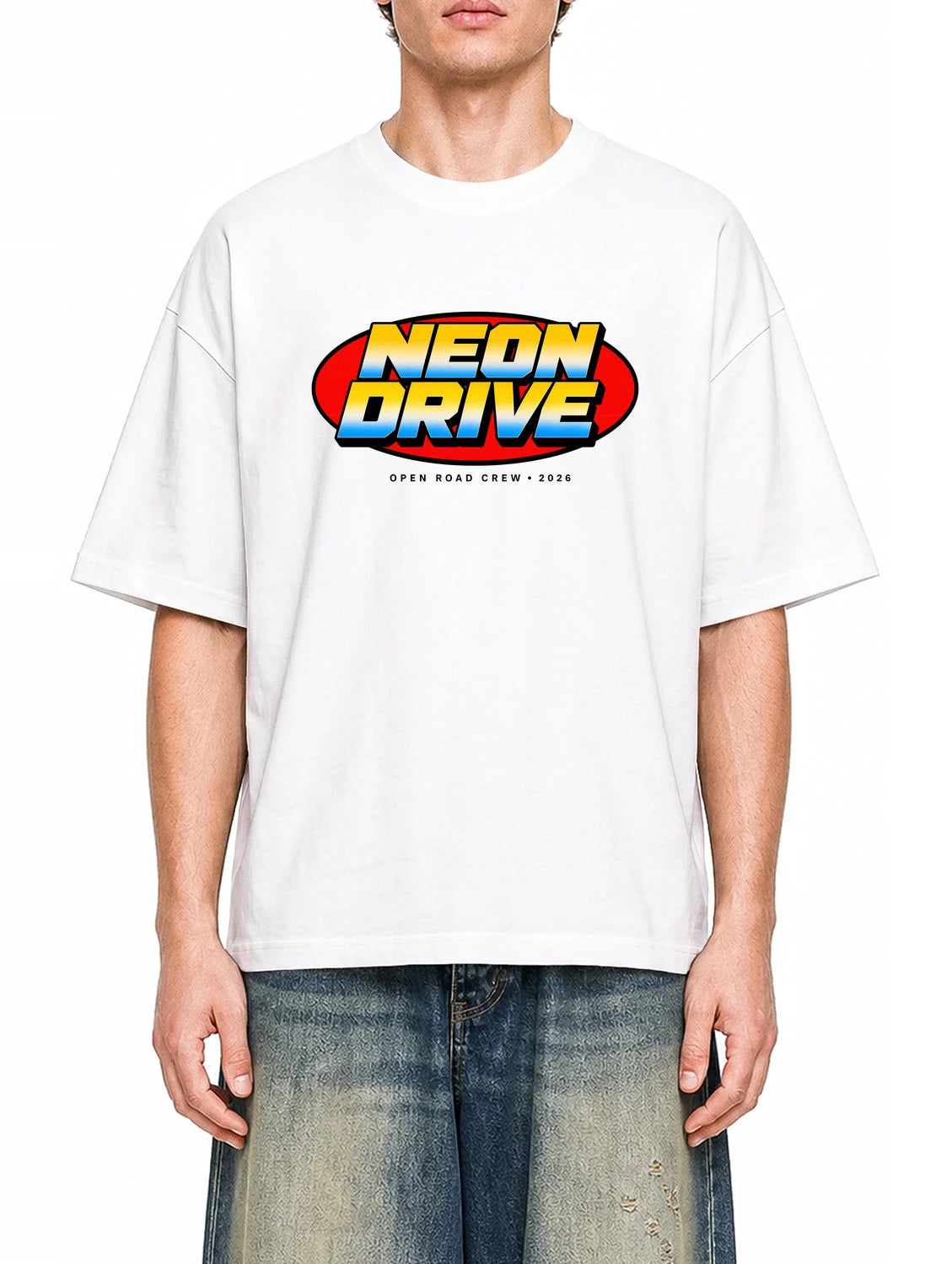 Neon Drive White graphic T-shirt on model, front view