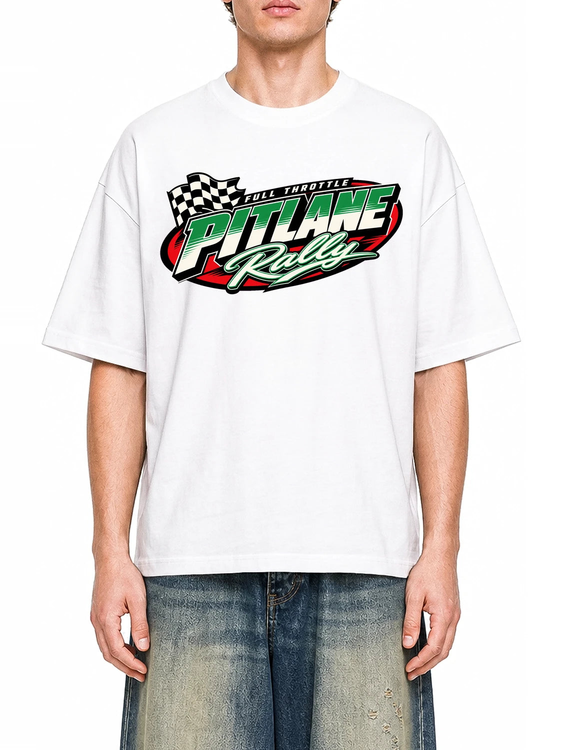 Pitlane Rally White graphic T-shirt on model, front view