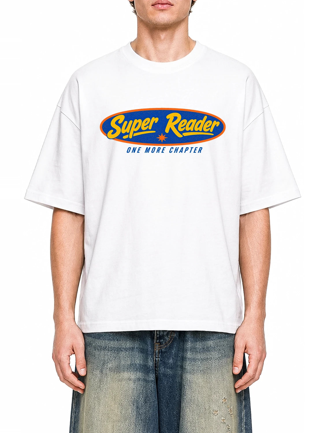Super Reader White graphic T-shirt on model, front view