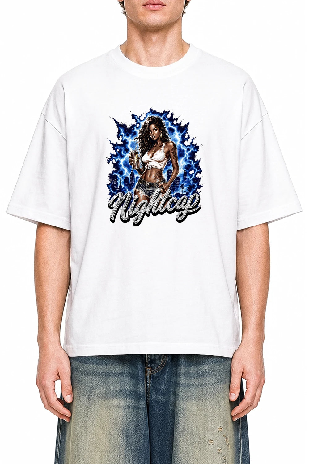 Nightcap Signal White graphic T-shirt on model, front view