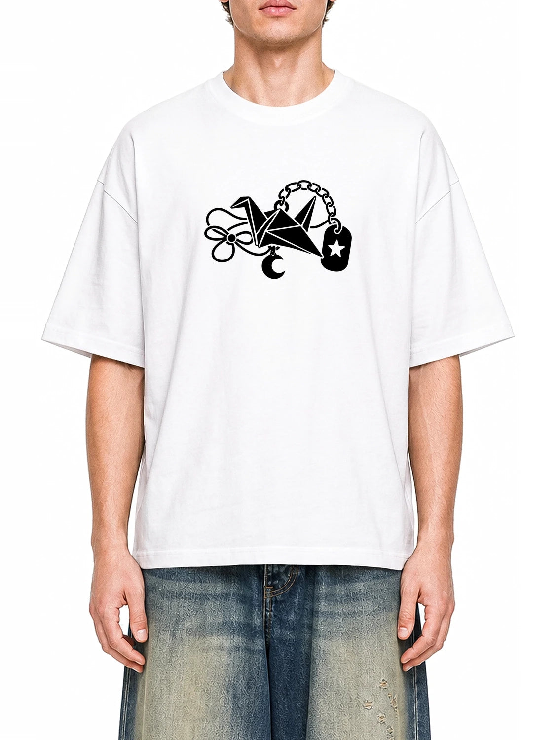 Lucky Crane Charm White graphic T-shirt on model, front view