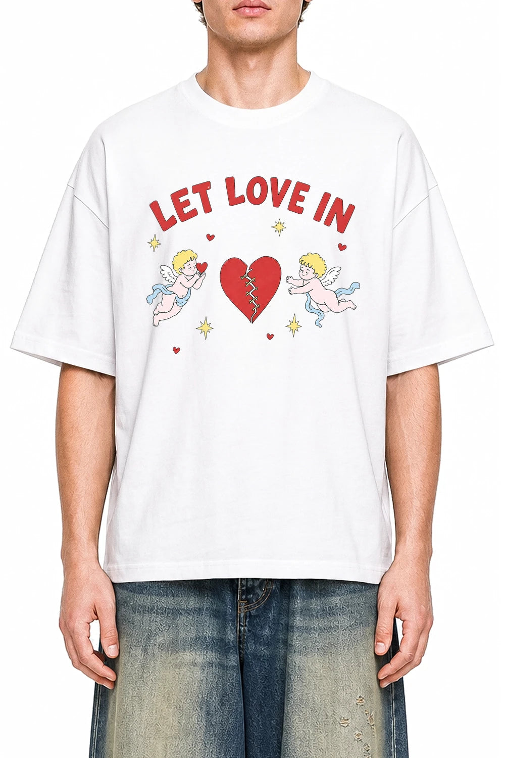 Let Love In White graphic T-shirt on model, front view