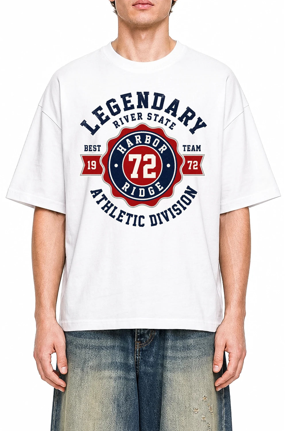 River State Division White graphic T-shirt on model, front view