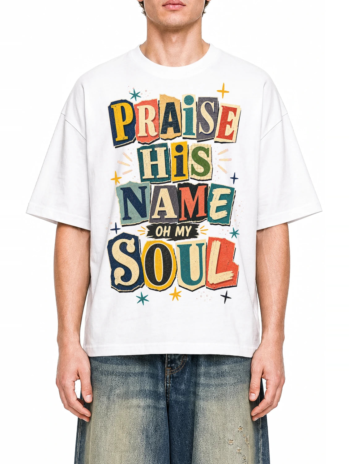 Praise His Name Soul White graphic T-shirt on model, front view