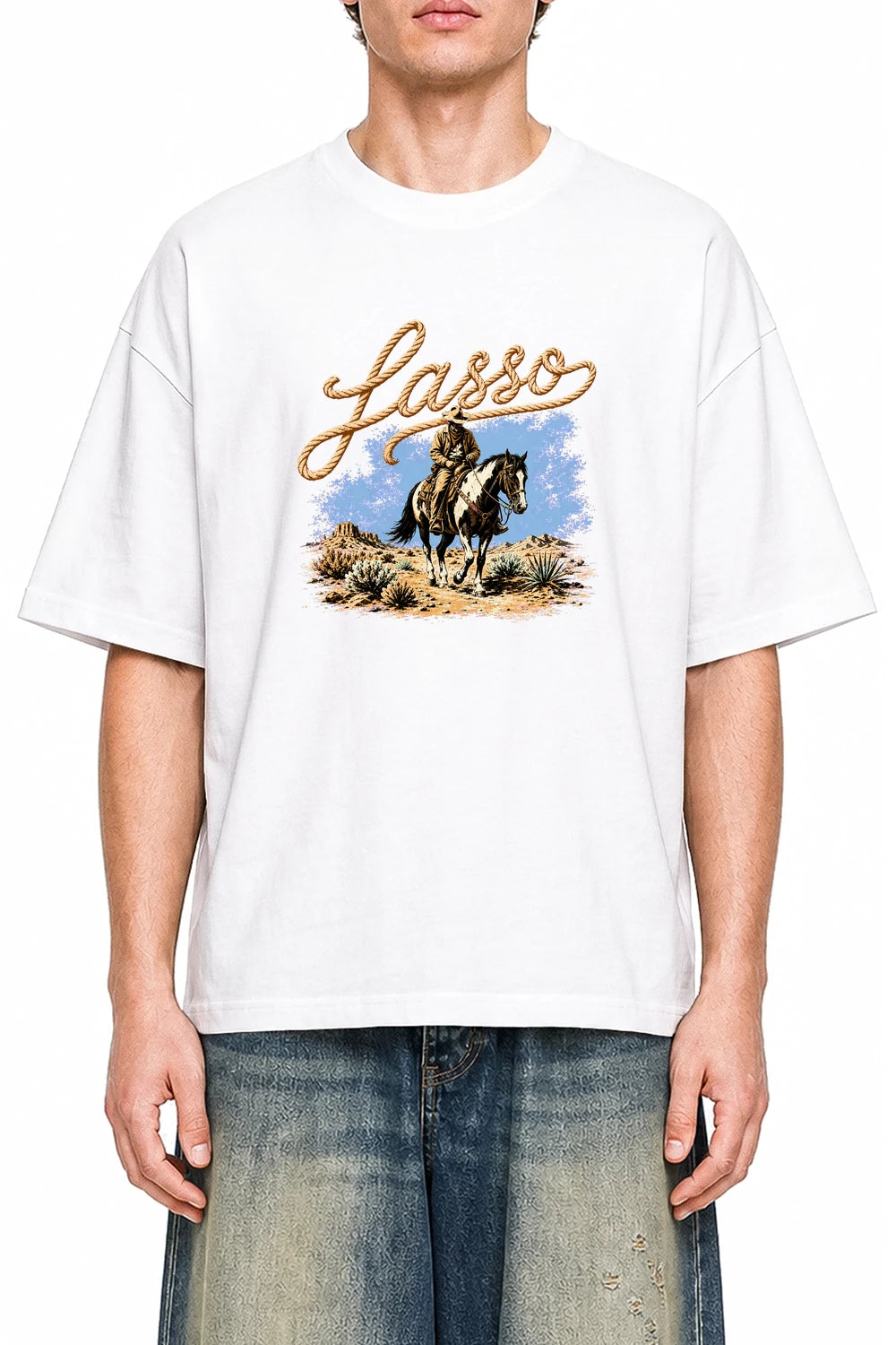 Lasso Run Rider White graphic T-shirt on model, front view
