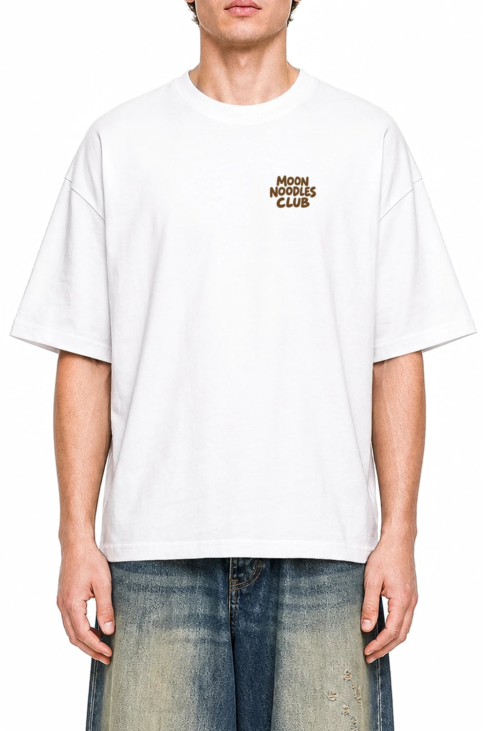 Moon Noodle Club White graphic T-shirt on model, front view