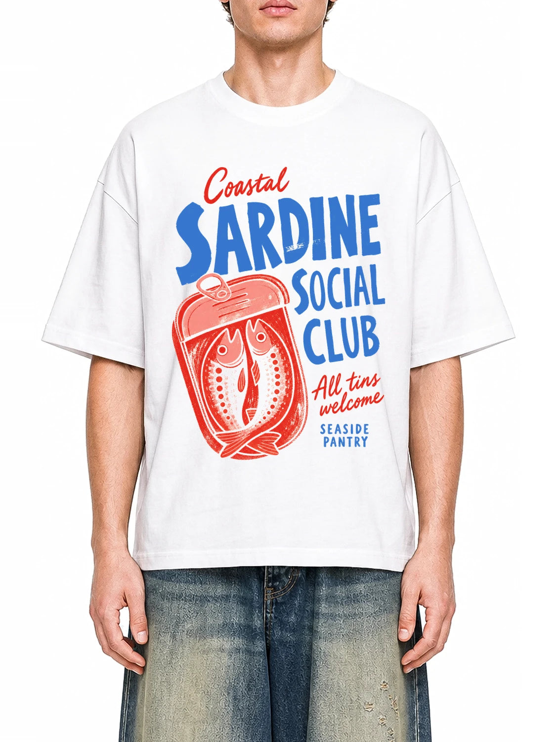 Coastal Sardine Social Club White graphic T-shirt on model, front view