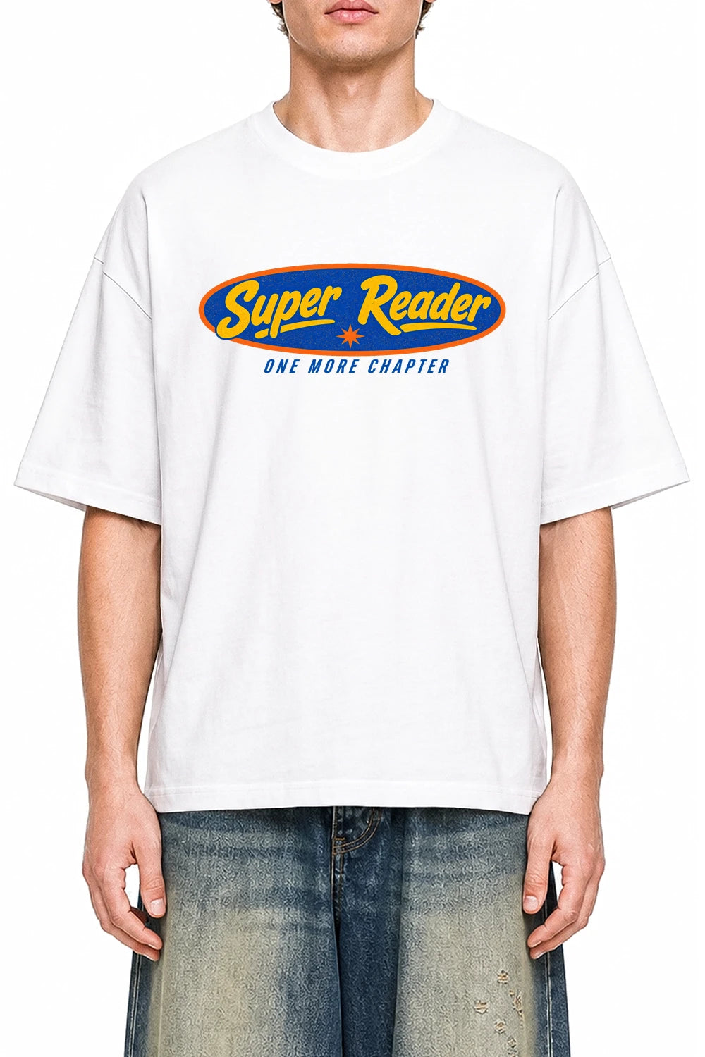 Super Reader White graphic T-shirt on model, front view
