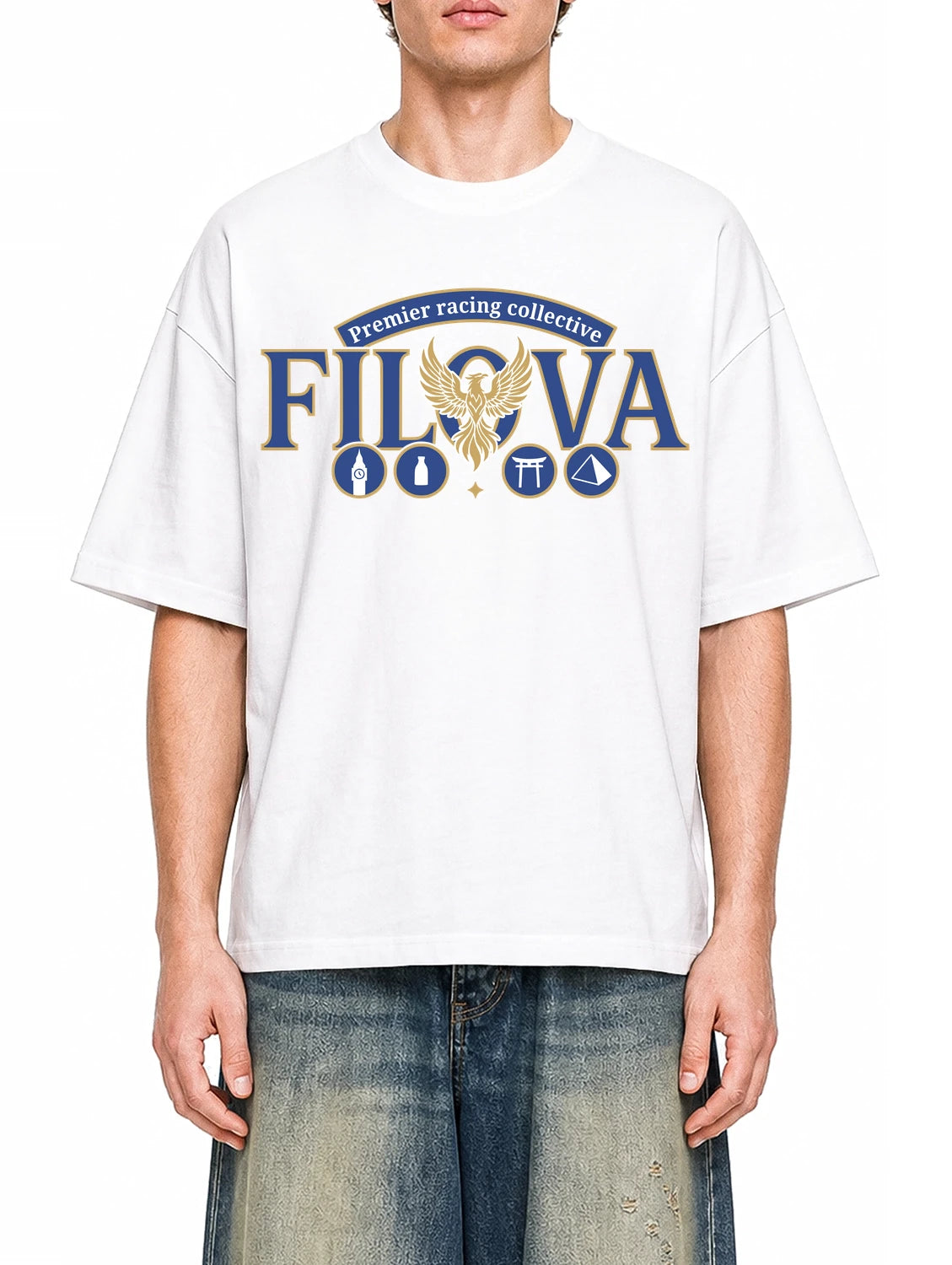Premier Racing Collective White graphic T-shirt on model, front view