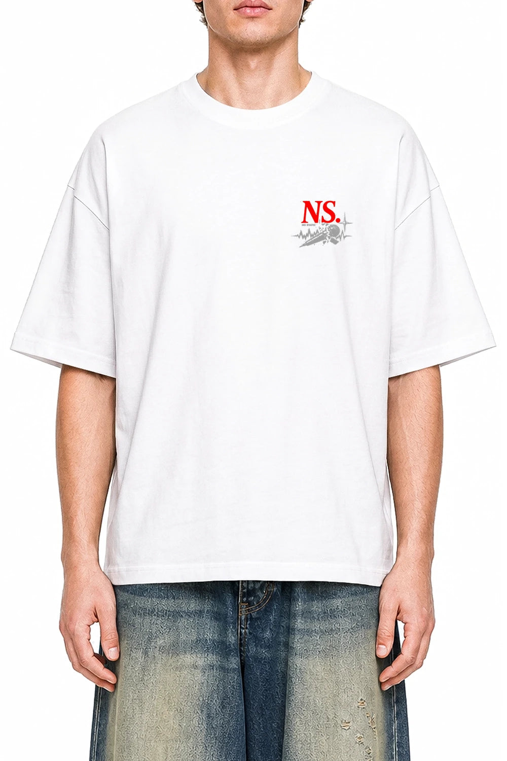 No Static White graphic T-shirt on model, front view