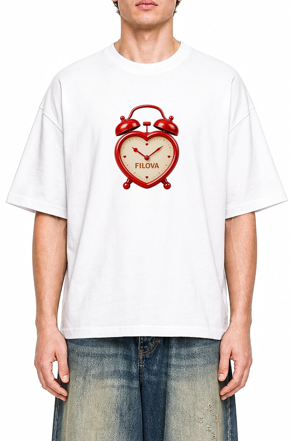 Heart Dial Clock White graphic T-shirt on model, front view