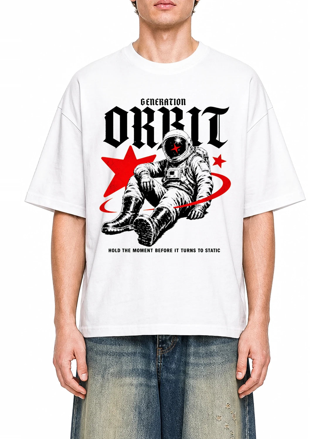 Generation Orbit White graphic T-shirt on model, front view
