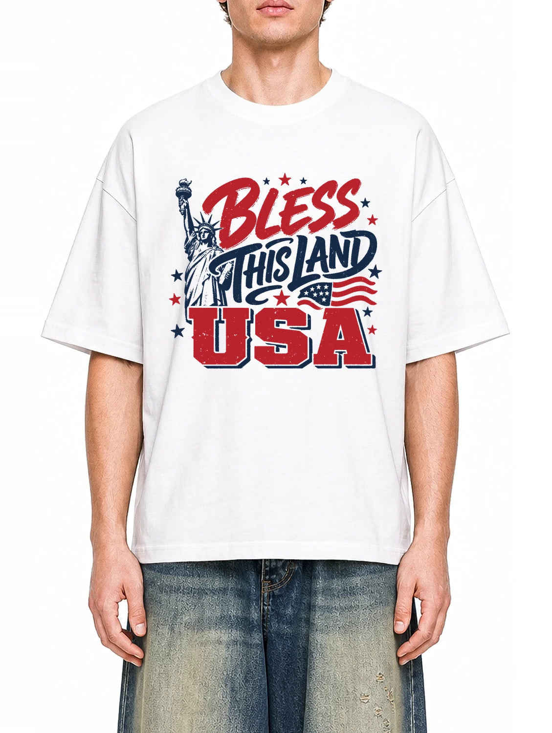 Bless This Land USA White graphic T-shirt on model, front view