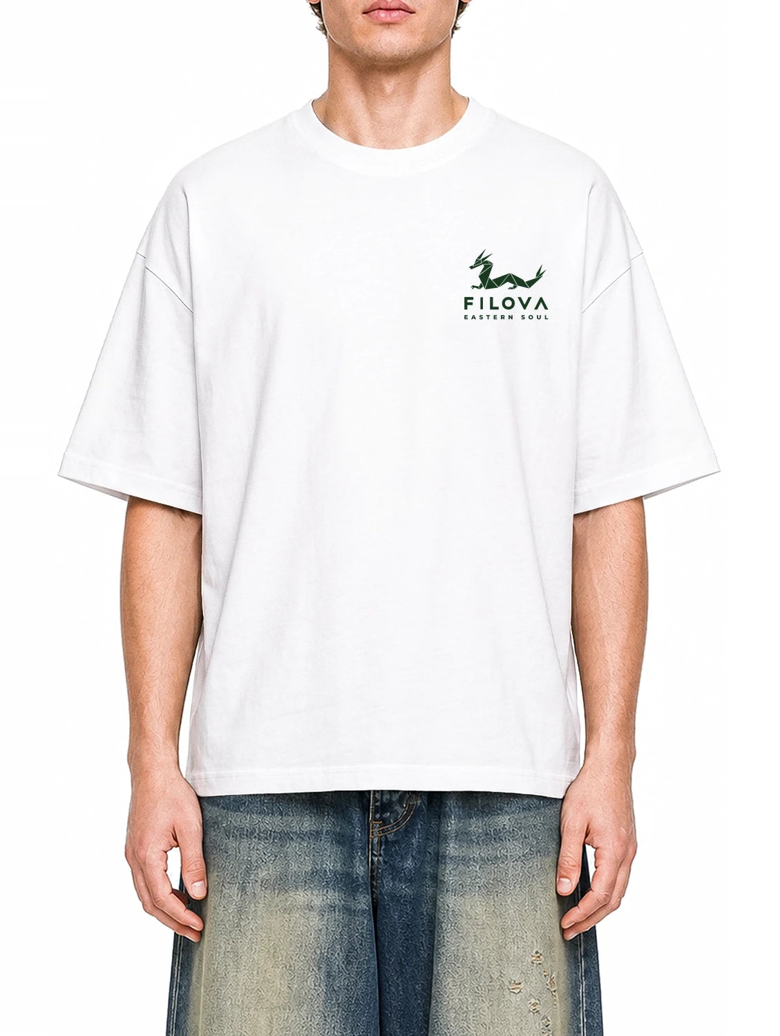 Filova Eastern Soul Basic White graphic T-shirt on model, front view