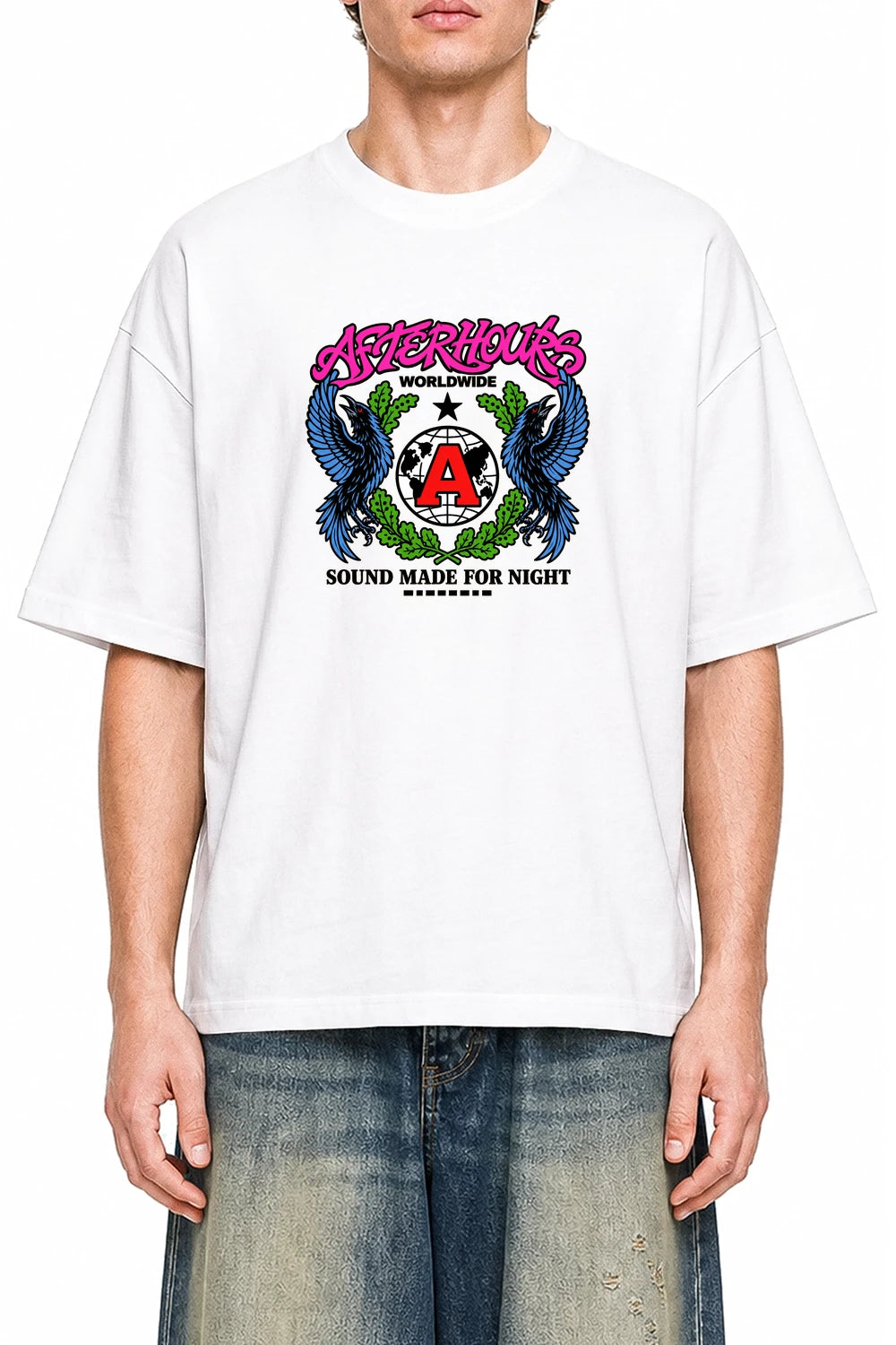 Afterhours Worldwide White graphic T-shirt on model, front view